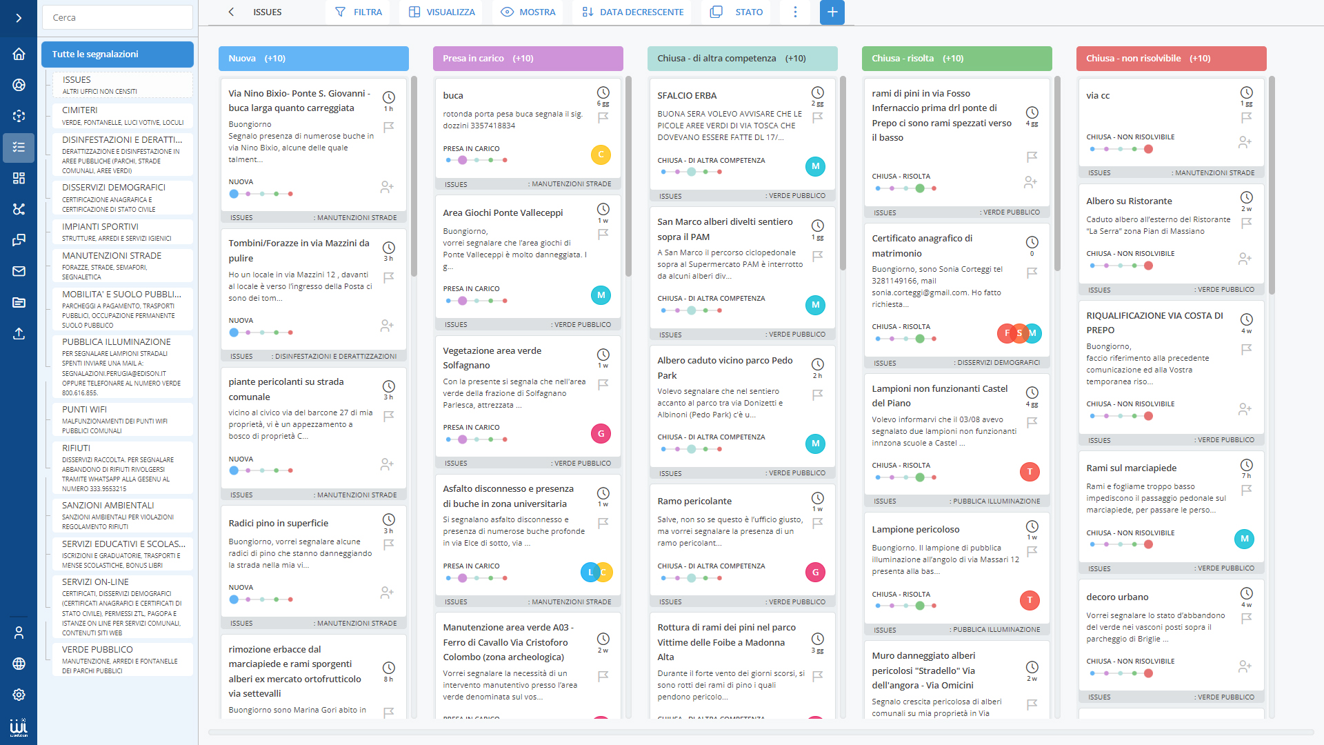 Schermata con dati reali di Civic Tech - Issue Manager